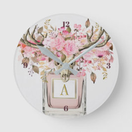 Rustic Boho Bull Skull Blommigt Monogram Chic Rund Klocka