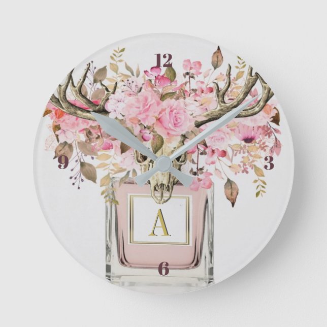 Rustic Boho Bull Skull Blommigt Monogram Chic Rund Klocka (Framsida)