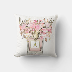 Rustic Boho Bull Skull Blommigt Ro Monogram Kudde