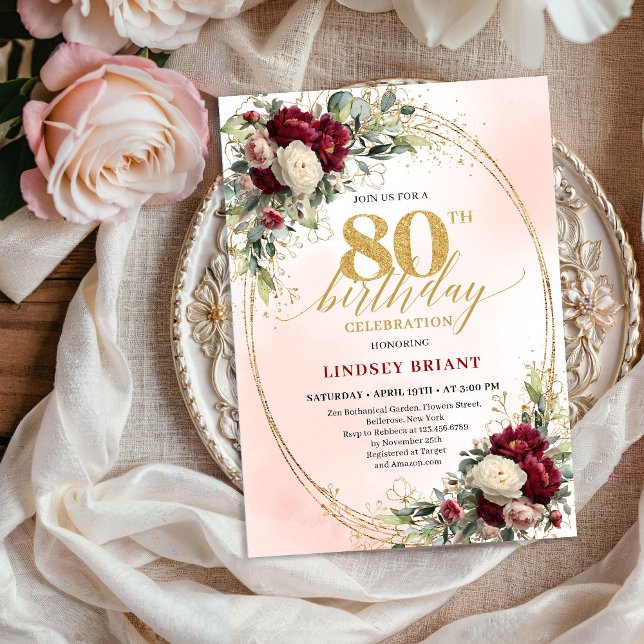 Rustic Boho Burgundy Floral 80th Birthday Invite Inbjudningar (Rustic Boho Burgundy Floral 80th Birthday Invitation)
