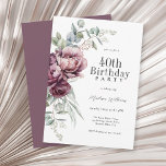 Rustic Boho Burgundy Plum Blommigt 40:e födelsedag Inbjudningar<br><div class="desc">En vackert 40-årsbjudande snyggt-inbjudan som fångar kärnan av den rustiska elegansen med dess armade bukett av peonier och ro när det gäller att harmonisera djup burgundi, plommon och dammig rosa med efterföljande eukalyptus greenergiy. Den feminina botaniska inslag dyker upp med stil och boho charm. Anpassa textmallen med din händelseinformation. Om...</div>
