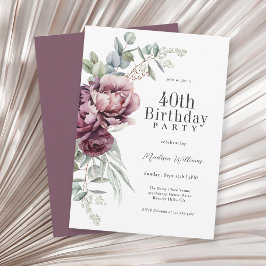 Rustic Boho Burgundy Plum Blommigt 40:e födelsedag Inbjudningar