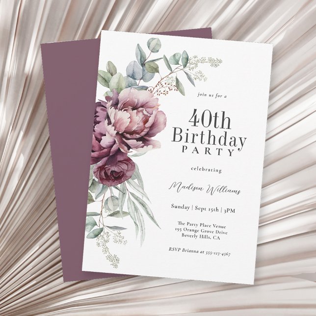 Rustic Boho Burgundy Plum Blommigt 40:e födelsedag Inbjudningar (Available as printed and paperless digital download!)