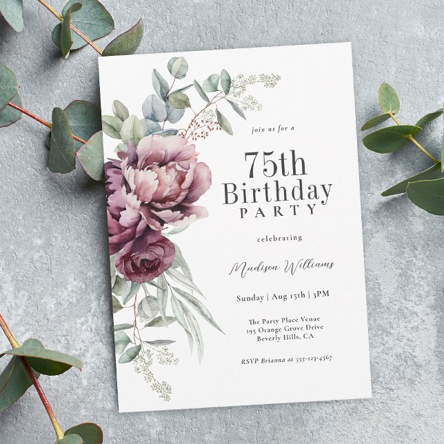 Rustic Boho Burgundy Plum Blommigt 75:e Birthday Inbjudningar (Available as printed or paperless digital download!)