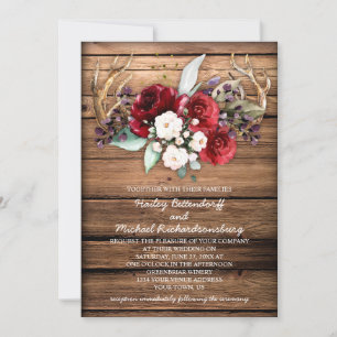 Rustic Boho Burgundy & Vit ros Antlers Bröllop Inbjudningar