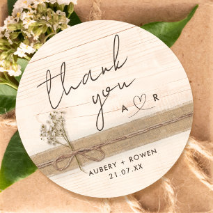 Rustic Boho Burlap Wood Wildblomma Tack Runt Klistermärke