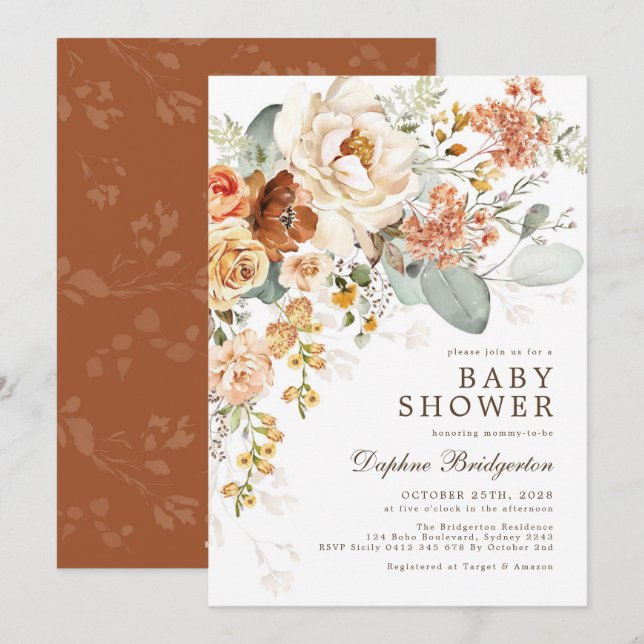 Rustic Boho Burnt Orange Cream Blommigt Baby Showe Inbjudningar (Fram/baksida)