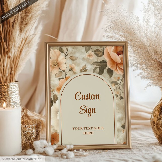 Rustic Boho Burnt Orange Ivory Sage Floral Custom  Poster (Rustic Boho Burnt Orange Ivory Sage Floral Custom Sign)