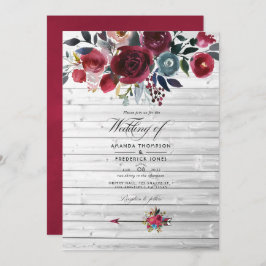 Rustic Boho Chic Burgundy and Navy Blommigt Bröllo Inbjudningar
