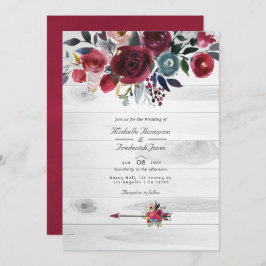 Rustic Boho Chic Burgundy and Navy Blommigt Bröllo Inbjudningar