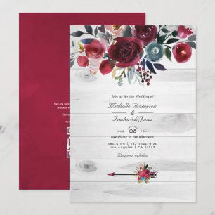 Rustic Boho Chic Burgundy and Navy Blommigt Bröllo Inbjudningar