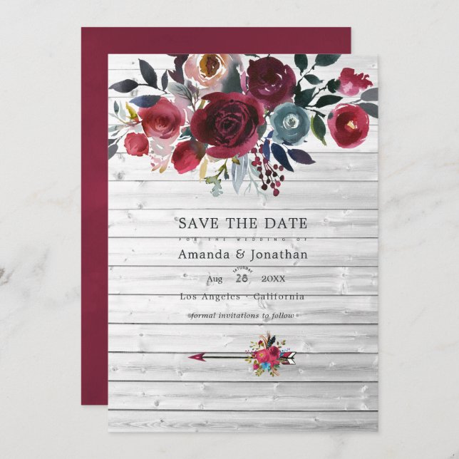 Rustic Boho Chic Burgundy and Navy Blommigt Bröllo Spara Datumet (Fram/baksida)