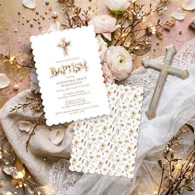Rustic Boho Chic Floral Cross Baptism TMF26 Inbjudningar (Rustic Boho Chic Floral Cross Baptism Invitation with Soft Earthy Botanical Accents and Delicate.)