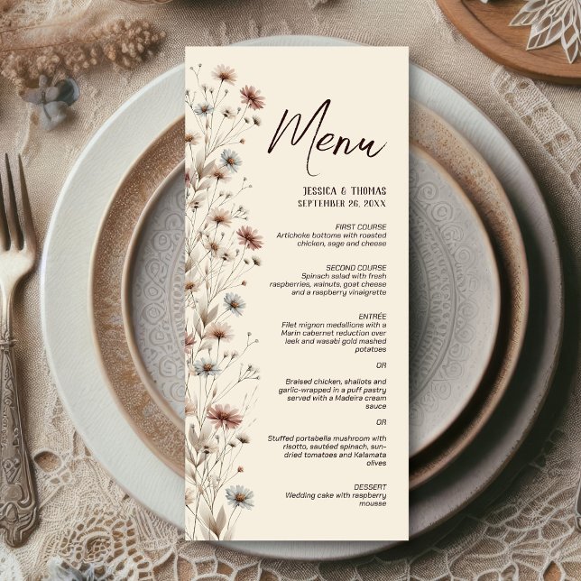 Rustic Boho Chic Wildblommor Elegant bröllop Meny (On plate at reception)