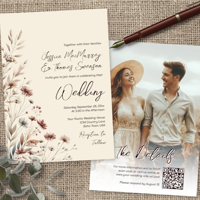 Rustic Boho Chic Wildblommor & Photo QR Bröllop Inbjudningar (Front/Back)