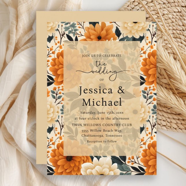 Rustic Boho-Chicen Höstvågsfärgad Blommigt Bröllop Inbjudningar (Burnt orange and cream watercolor floral wedding invitation)