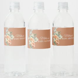 Rustic boho coral peach blomgreenery vattenflaskor etikett