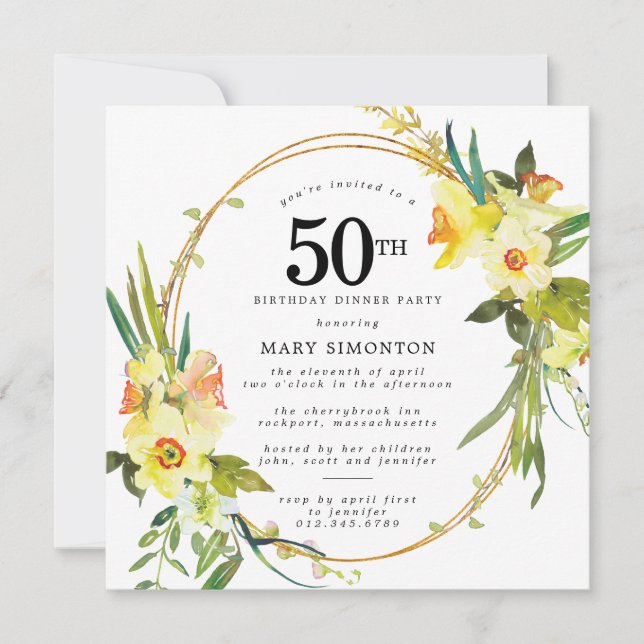 Rustic Boho Daffodil 50:e födelsedag Party Inbjudningar (Framsida)
