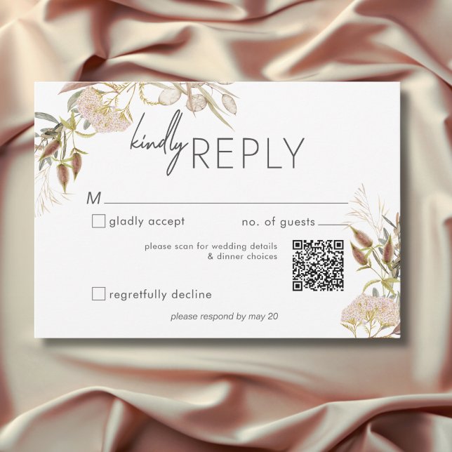 Rustic Boho delikat Fall Wildblomma Bröllop OSA Kort (Rustic Boho Delicate Fall Wildflowers Wedding QR Code RSVP Card)