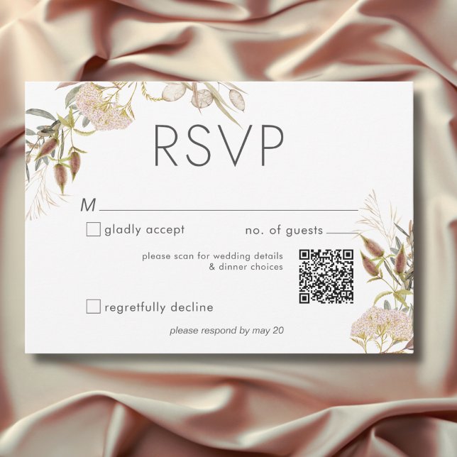 Rustic Boho delikat Fall Wildblomma Bröllop OSA Kort (Rustic Boho Delicate Fall Wildflowers Wedding QR Code RSVP Card)