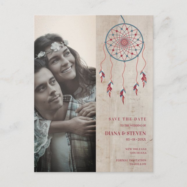 Rustic Boho Dreamcatcher Photo Couple Förlovning Vykort (Framsida)