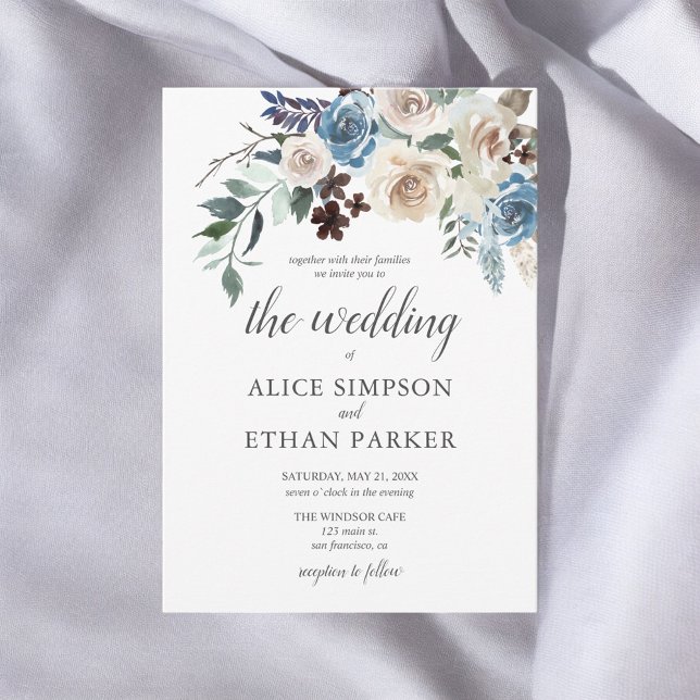 Rustic Boho Dusty Blåa blommor Winter Wedding Inbjudningar (Skapare uppladdad)