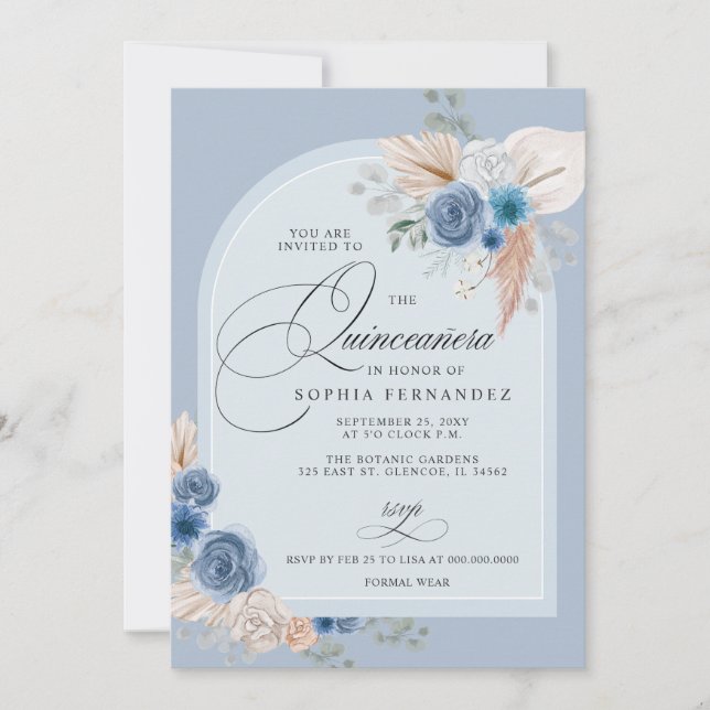 Rustic Boho Dusty Blue Pampas Quinceanera Inbjudningar (Framsida)
