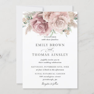 Rustic Boho Dusty Ro Blommigt Pampas Bröllop Inbjudningar