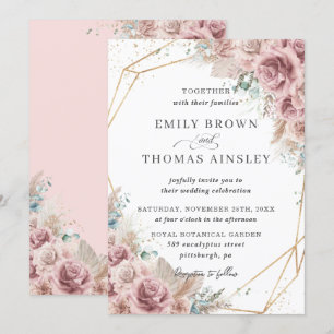 Rustic Boho Dusty Ro  Blommigt Pampas Bröllop Inbjudningar