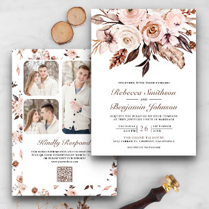 Rustic Boho Earthy Ivory Blommigt QR Code Bröllop Inbjudningar