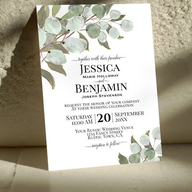 Rustic Boho Eucalyptus & Greenery Elegant bröllop Inbjudningar (Skapare uppladdad)