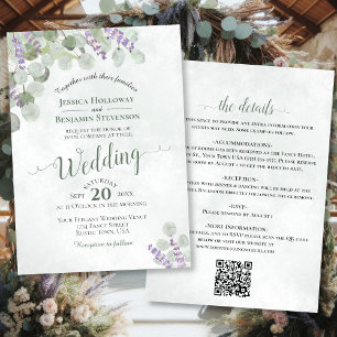 Rustic Boho Eucalyptus & Lavender QR Code Bröllop Inbjudningar