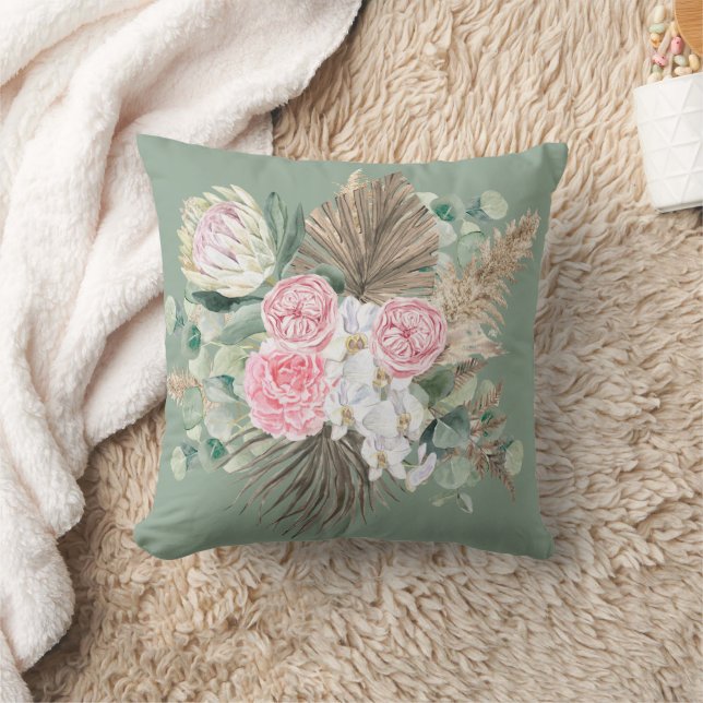 Rustic Boho Evergreen Rosa Blommigt Pampas Greener Kudde (Filt)