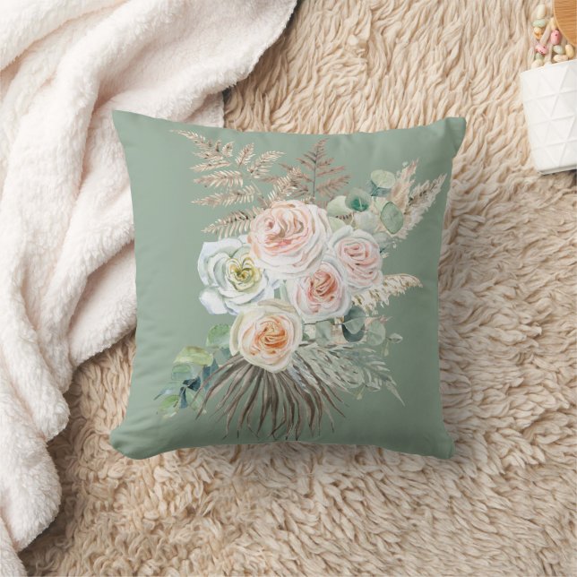 Rustic Boho Evergreen Rosa Blommigt Pampas Kudde (Filt)