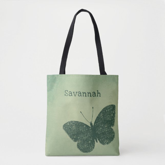 Rustic Boho Faded Grönt Butterfly Tote Tygkasse (Framsida)