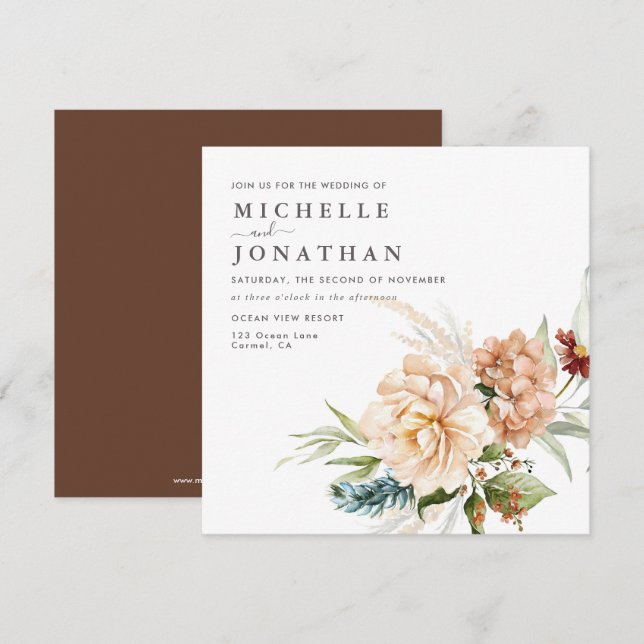 Rustic Boho Fall Flowers Bröllopsinbjudan Inbjudningar (Fram/baksida)