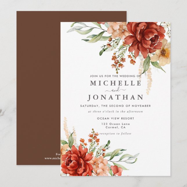 Rustic Boho Fall Flowers Bröllopsinbjudan Inbjudningar (Fram/baksida)