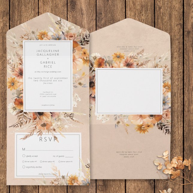 Rustic Boho Fall Peach & Rust Blommigt Dinner (Rustic Boho Fall Peach & Rust Floral Dinner All In One Invitation)