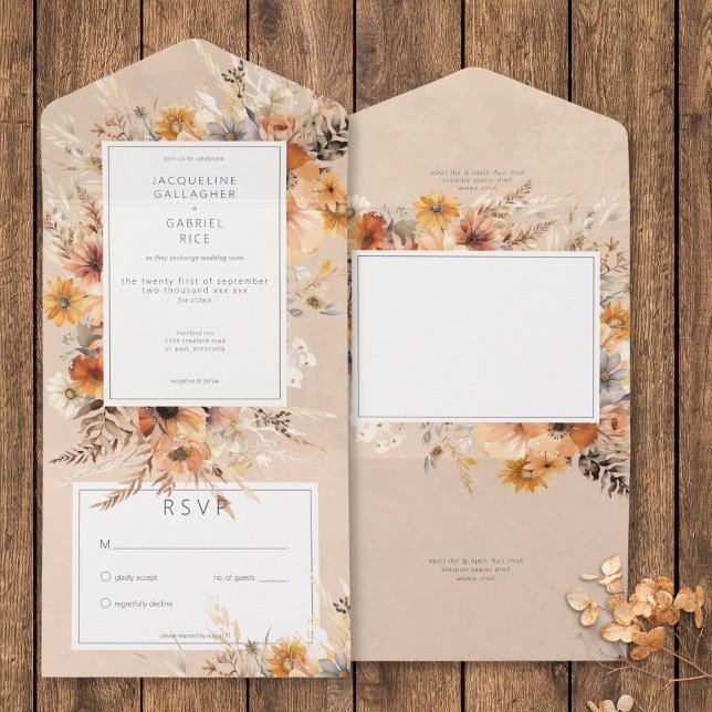 Rustic Boho Fall Peach & Rust Blommigt nr. middag (Rustic Boho Fall Peach & Rust Floral No Dinner All In One Invitation)