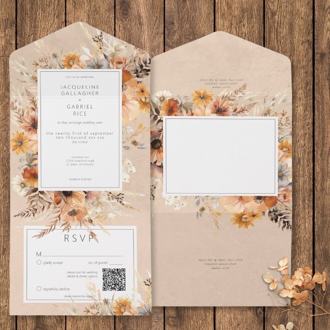 Rustic Boho Fall Peach & Rust Blommigt QR-kod (Rustic Boho Fall Peach & Rust Floral QR Code All In One Invitation)