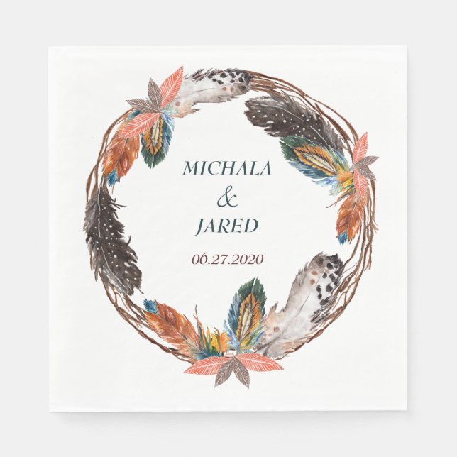 Rustic Boho Feather Wandether Bröllop Pappersservett (Framsidan)