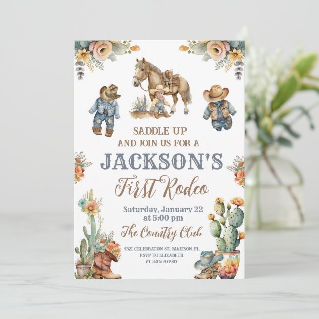 Rustic Boho First Rodeo Vilda western Boy 1st Birt Inbjudningar (Stående Fram)