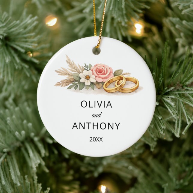 Rustic Boho Floral Pink Rose Wedding Name Ornament (Träd)