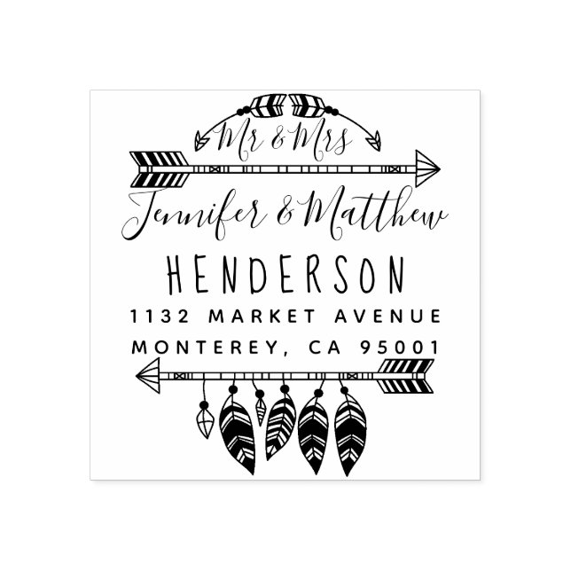 Rustic Boho föder och pilar Mr & Mrs Adress Stämpel (Tryck)