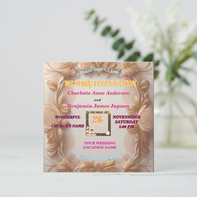  Rustic Boho Golden Glitter Floral Wedding   Inbjudningar (Stående Fram)