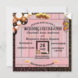 Rustic Boho Golden Glitter Rosa Wooden Bröllop Inbjudningar