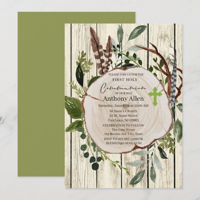 Rustic Boho Greenery First Heliga Communion Inbjudningar (Fram/baksida)