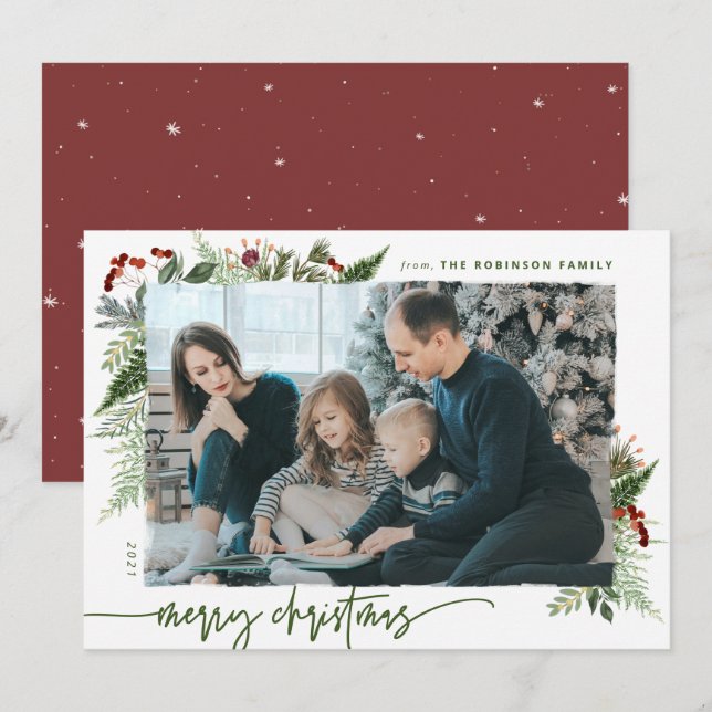 Rustic Boho Greenery God jul 1 Photo Julkort (Fram/baksida)