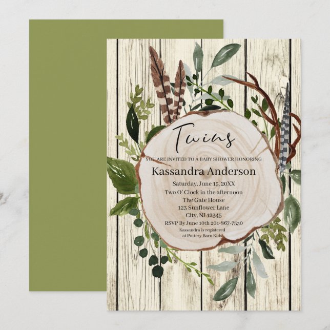 Rustic Boho Grey Twillingars Baby Shower Inbjudningar (Fram/baksida)
