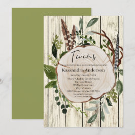 Rustic Boho Grey Twillingars Baby Shower Inbjudningar